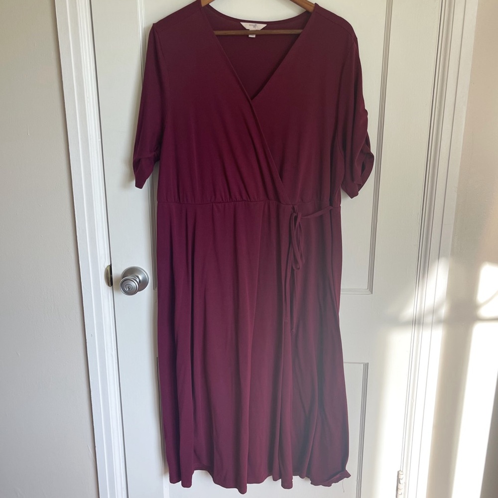 Terra Sky Burgundy Mid-Length V-Neck Wrap Dress